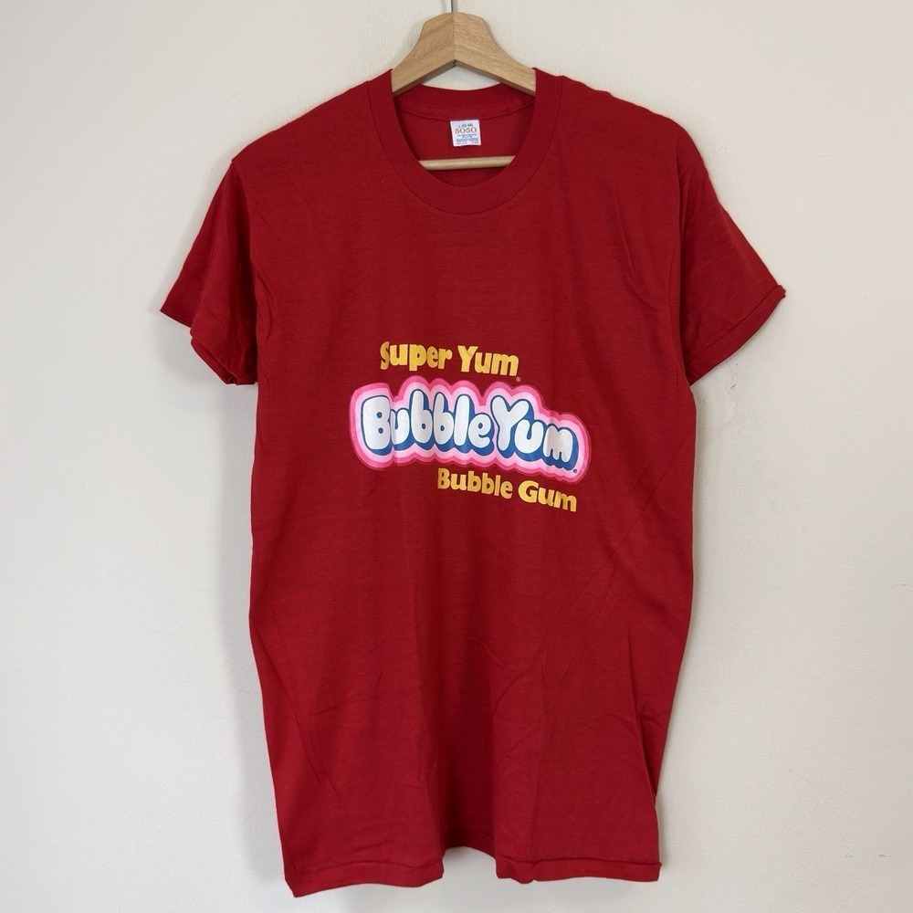 Vintage 80's Super Yum Bubble Yum Gum Snack Single Stitch Red Tee Shirt - Large
